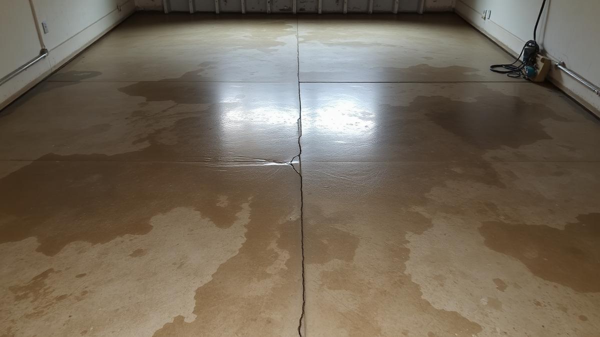 Stained concrete garage floor before cleaning